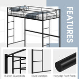 Twin Size Space-Saving Metal Loft Bed with Full-Length Guardrail and 2 Ladders