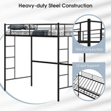 Twin Size Space-Saving Metal Loft Bed with Full-Length Guardrail and 2 Ladders