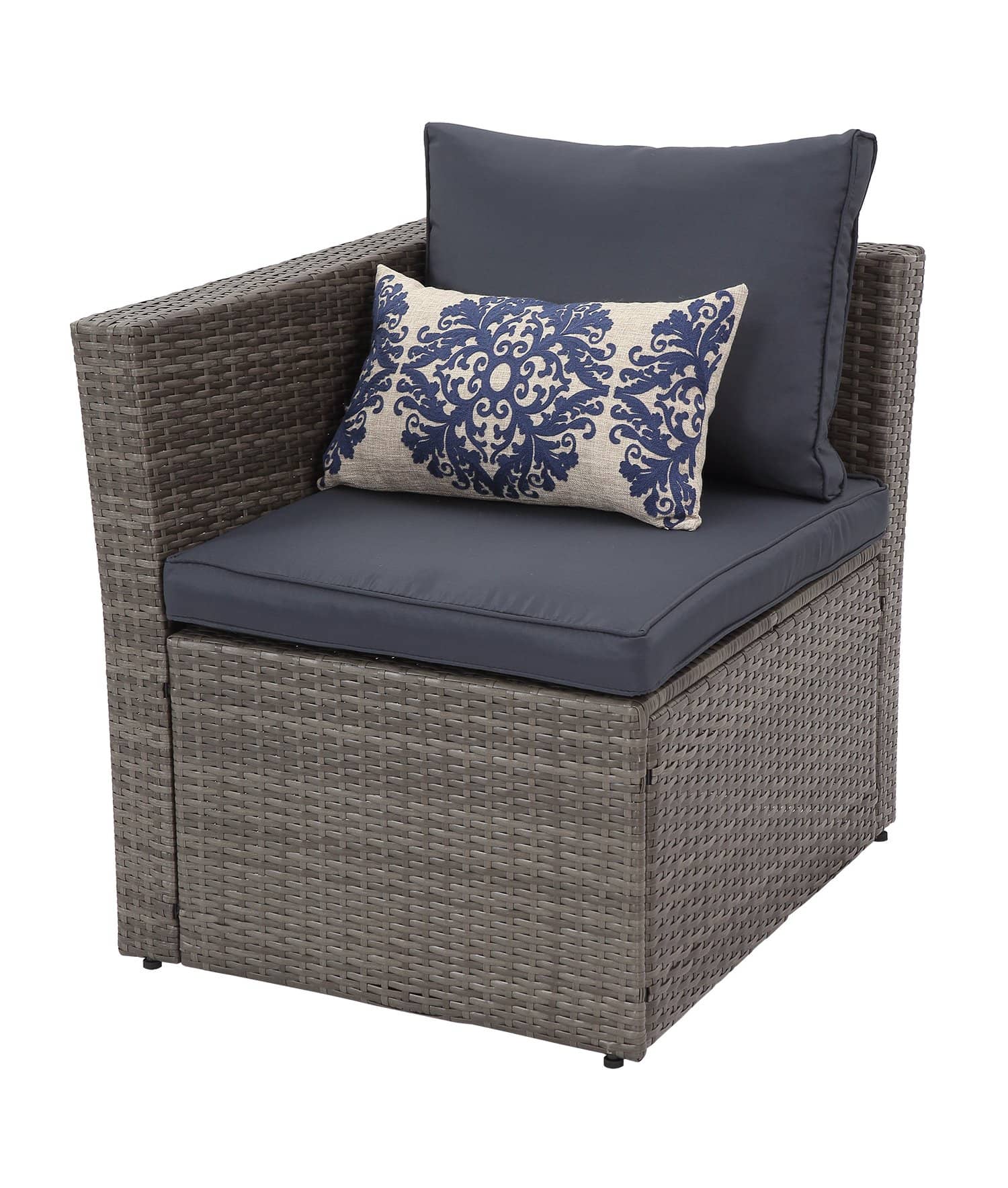 Brisk 6 Piece All Weather Wicker Sofa Seating Group with Cushions, Ottoman with Storage and Coffee Table - Navy