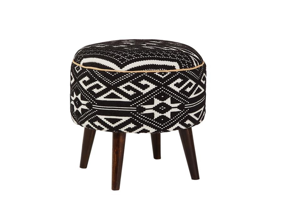 Round Upholstered Ottoman Black and White