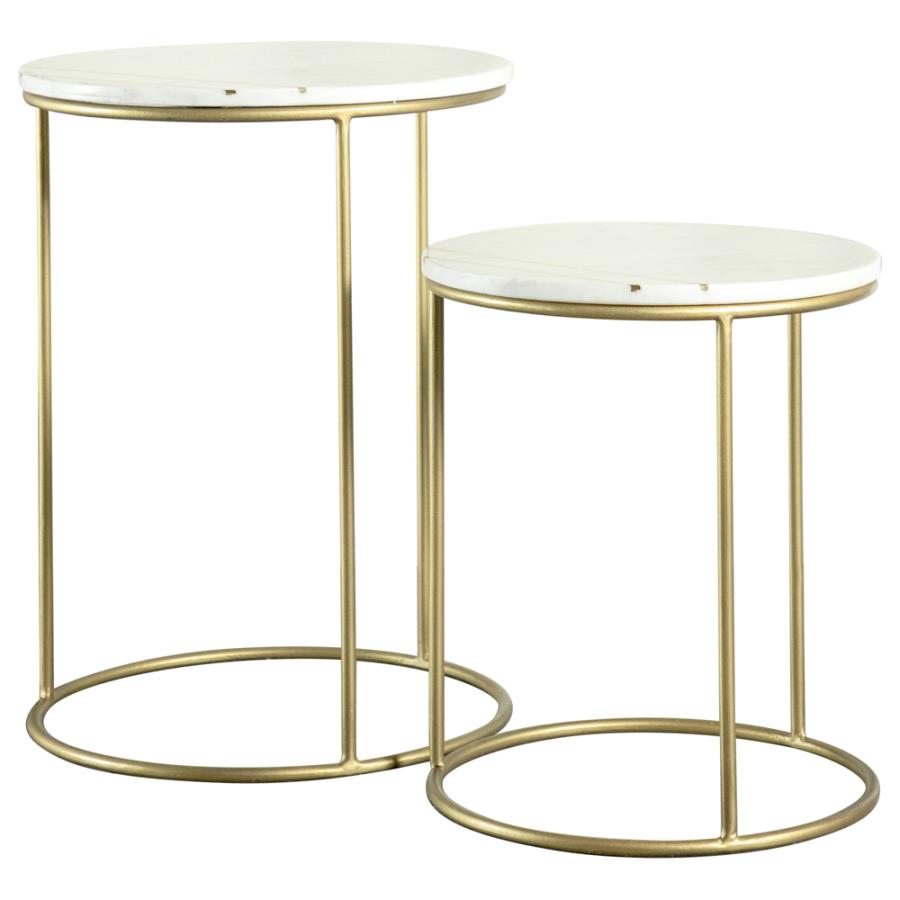 2-piece Round Marble Top Nesting Tables White and Gold