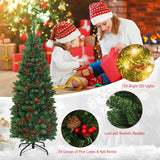 4.5 Feet Pre-Lit Hinged Pencil Christmas Tree with Pine Cones Red Berries and 150 Lights