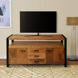 DunaWest 60 Inch 2 Door Mango Wood Media Console TV Stand, 3 Drawers, Brown and Black