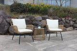 3PCS Outdoor Patio Balcony Natural Color Wicker Chair Set with Beige Cushion and Round Tempered Glass Table