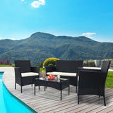 4 Piece Outdoor Patio Furniture Sets Outdoor Wickerr Rattan Chairs loveseat with Soft Cushion and Glass Table Outdoor Indoor Use Backyard Porch Garden Poolside Balcony,Black