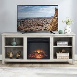 Farmhouse Wooden TV Stand and Electric Fireplace, Fit up to 65" Flat Screen TV with Open Storage Cabinet and Adjustable Shelves, Light Grey
