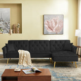 Modern Velvet Upholstered Reversible Sectional Sofa Bed , L-Shaped Couch with Movable Ottoman and Nailhead Trim For Living Room. (Black)