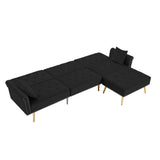 Modern Velvet Upholstered Reversible Sectional Sofa Bed , L-Shaped Couch with Movable Ottoman and Nailhead Trim For Living Room. (Black)