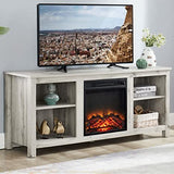 Farmhouse Wooden TV Stand and Electric Fireplace, Fit up to 65" Flat Screen TV with Open Storage Cabinet and Adjustable Shelves, Light Grey