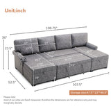 108.75"Pull-out U-shaped sofa bed, two chaise lounges with storage, 2 USB charging ports, 6-seater sofa