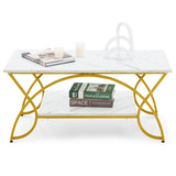 2-Tier Faux Marble Coffee Table with Marble Top and Metal Frame