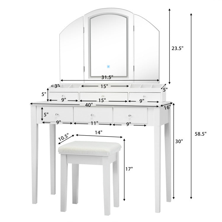 Vanity Table Stool Set with Large Tri-Folding Lighted Mirror