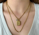 18K Gold Initial Letter Necklace, Medal Gold Initial Letter Pendant Necklace, Square Alphabet Rectangle Medallion Pendant, Birthday Gift