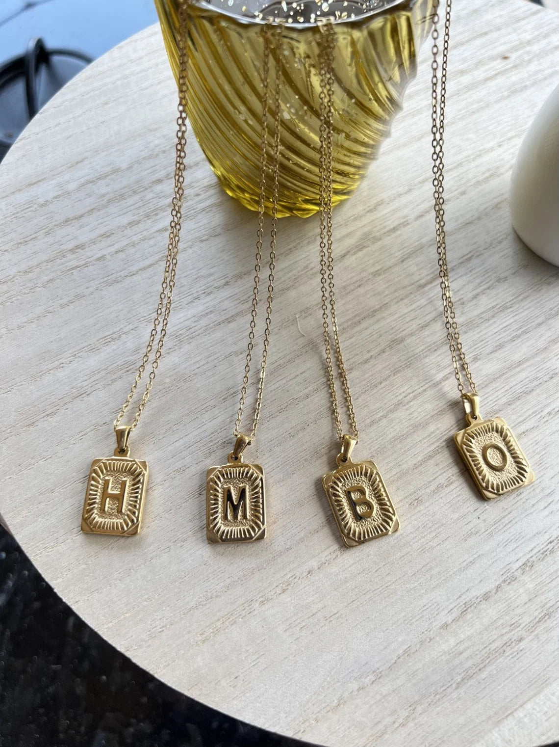 18K Gold Initial Letter Necklace, Medal Gold Initial Letter Pendant Necklace, Square Alphabet Rectangle Medallion Pendant, Birthday Gift
