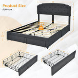 Upholstered Bed Frame with 4 Storage Drawers and Adjustable Button-Tufte