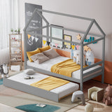 Twin Size Wood House Bed Frame with Trundle for Girls & Boys
