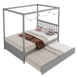 Full Size Canopy Bed Frame with Trundle and Headboard for Kids