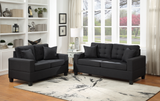 Gray Linen, Covered in Thick Black Faux Leather, Thick Poly-Linen 2pc Sofa & Loveseat Set